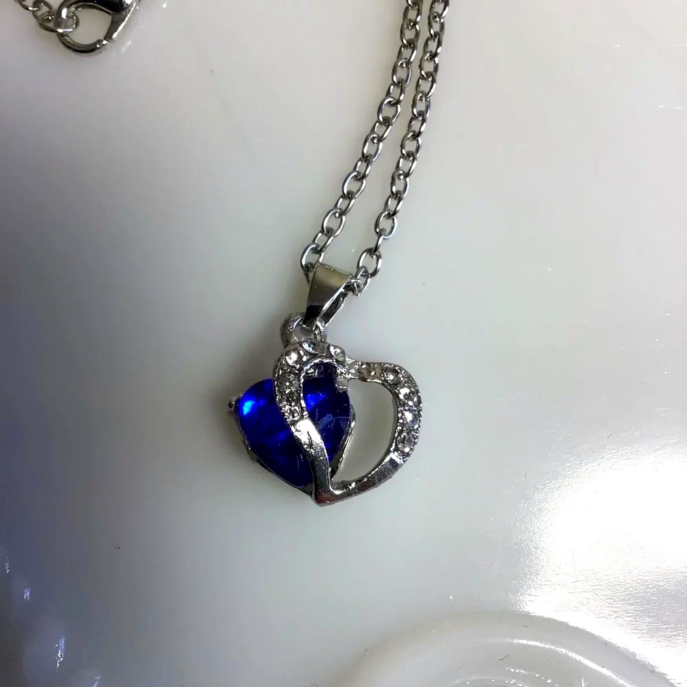 Blue Crystal Heart and Cubic Zirconia Silver Plate Necklace - 18” - Picture 4 of 4